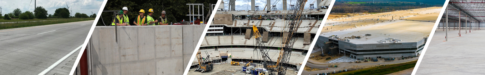 Construction sites where TUF-STRAND fiber reinforced concrete slabs-on-ground are placed: a roadway, workers on a wall pour, a stadium build, an aerial slab pour, and a completed warehouse interior.
